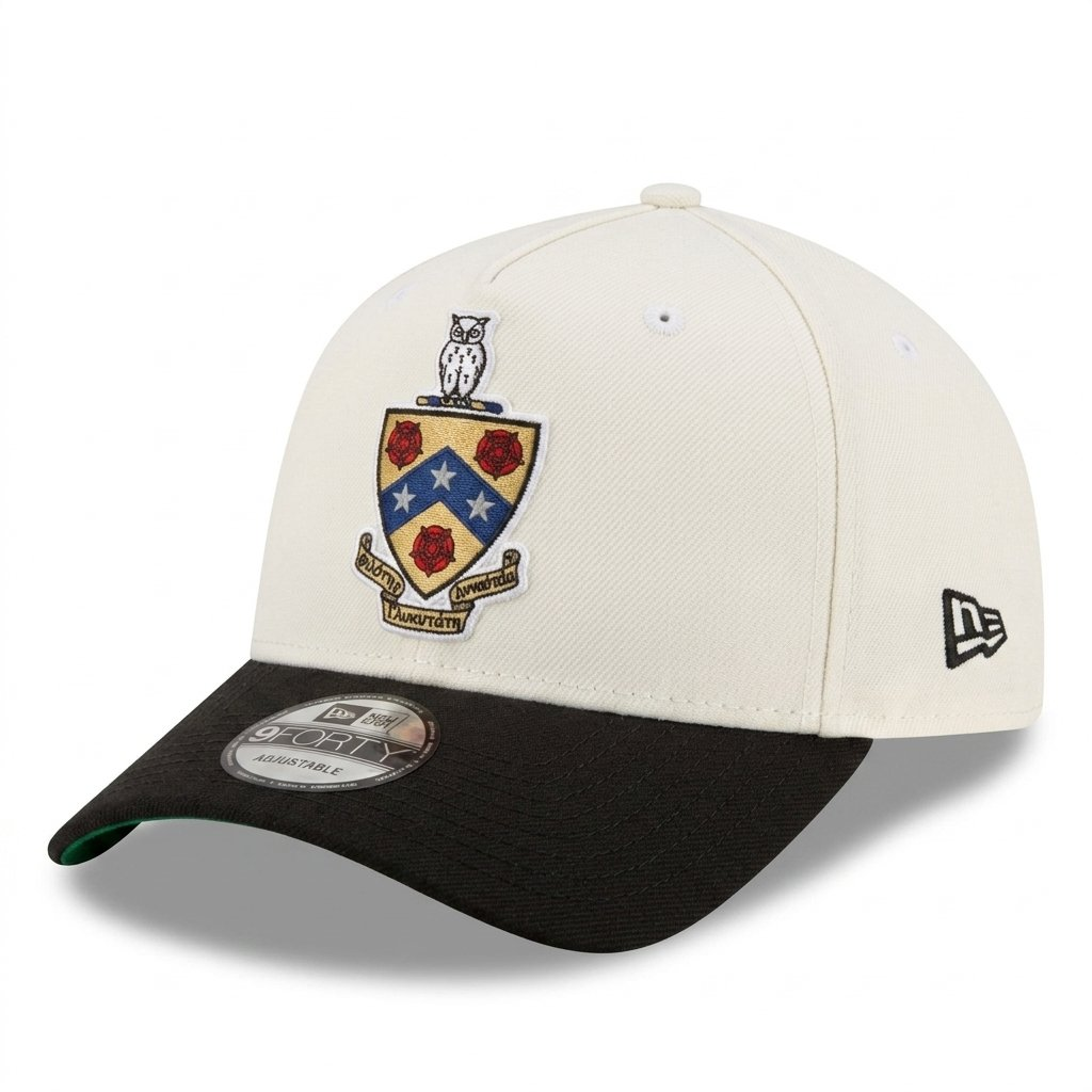 Phi Gamma Delta crested cap in cream with black brim